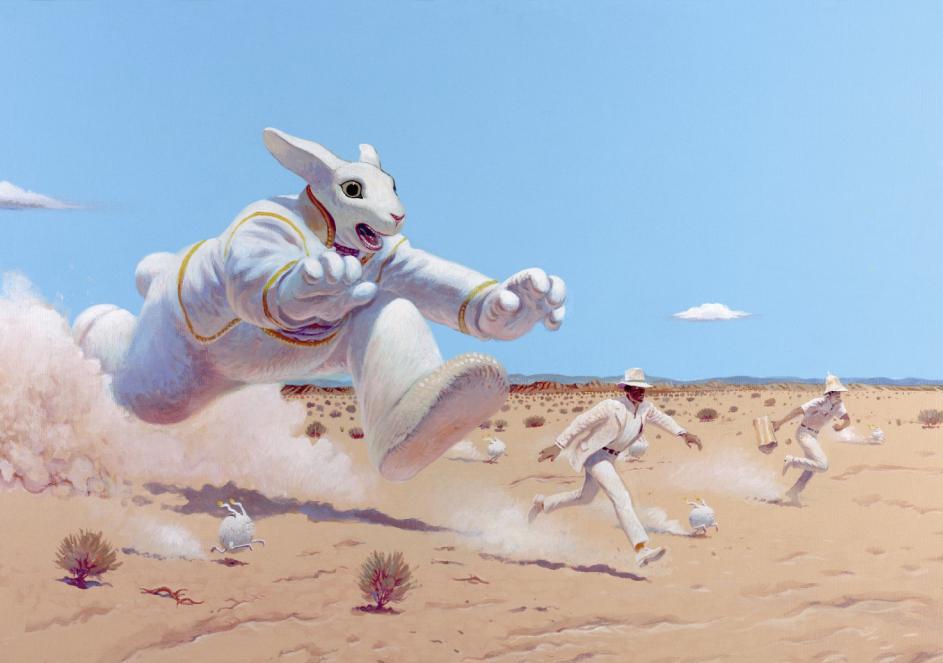 Большой кролик бежит за людьми